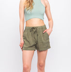 WOVEN SOLID DRAWSTRING SHORTS OLIVE